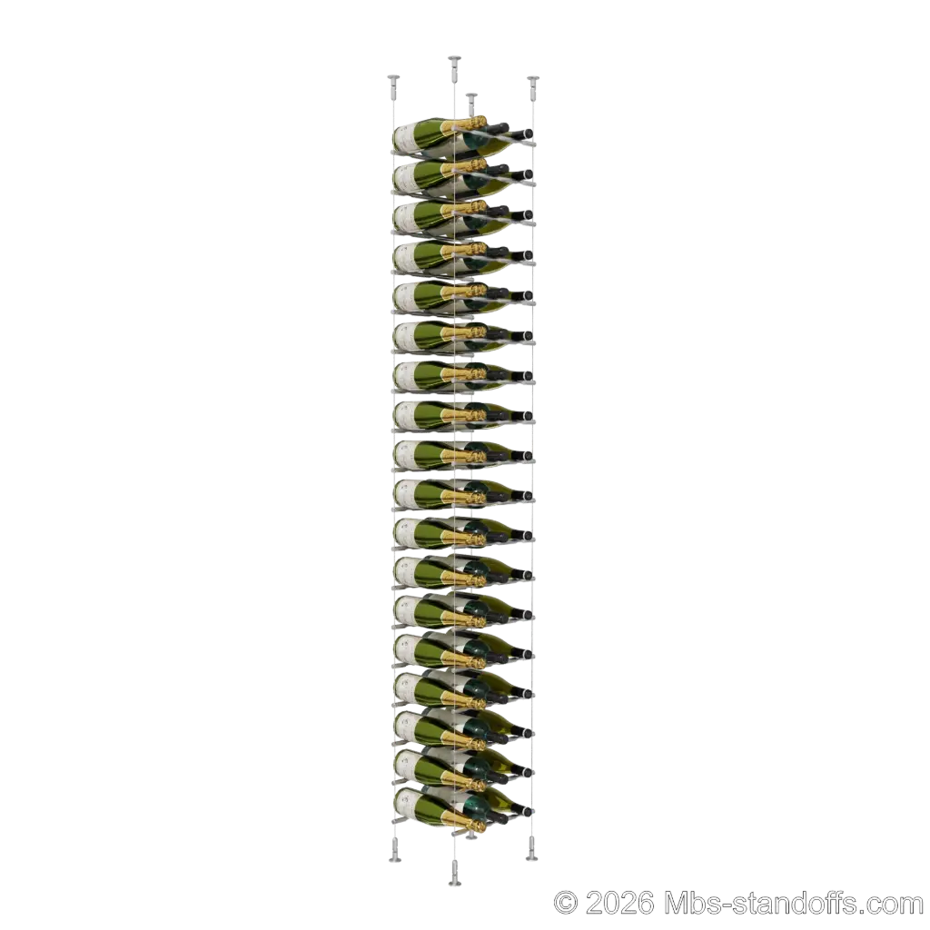 Merlot - Washington Collection Bottle Display Peg Kit, 54-Bottle (3x18) Capacity, Floating Cable System, Pegs: 1/2″ × 11-1/2" with Satin Brushed Finish