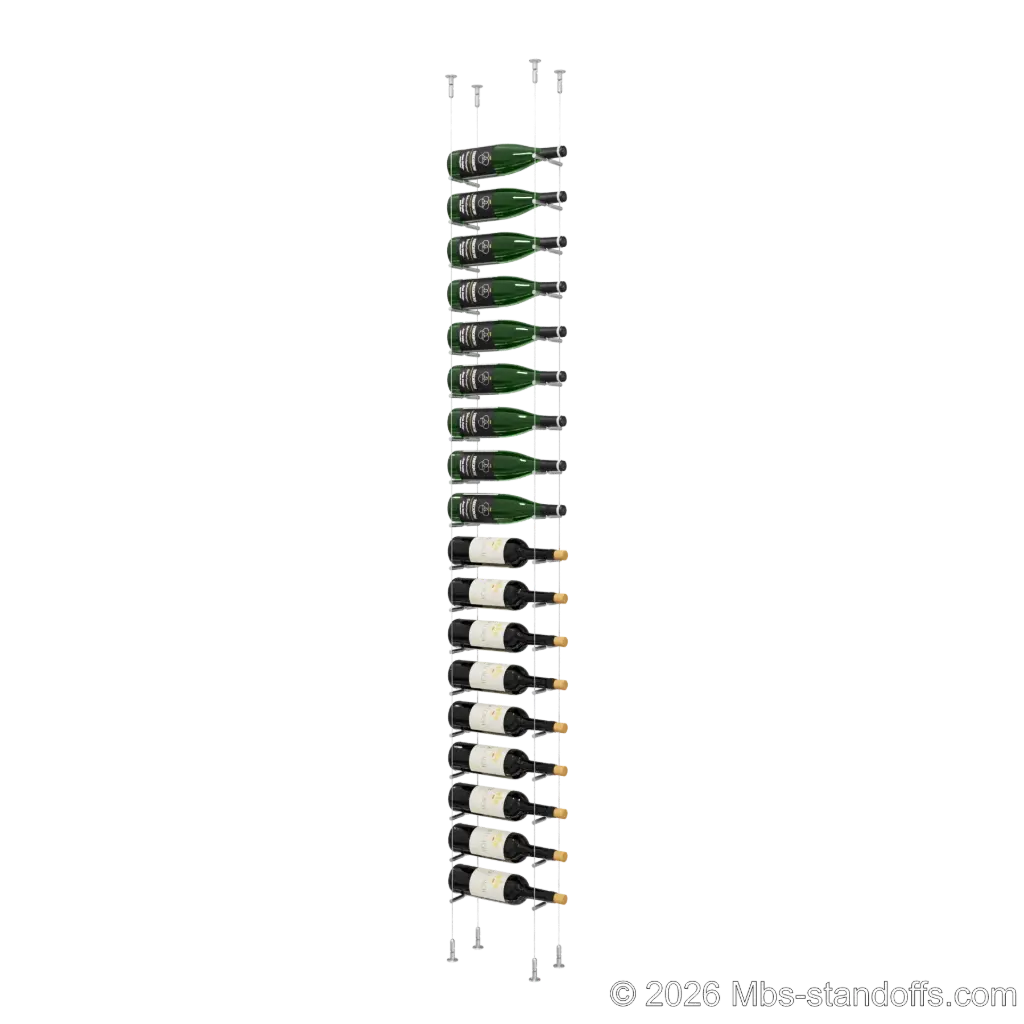 Merlot - Washington Collection Bottle Display Peg Kit With "O" Ring, 18-Bottle Capacity, Floating Cable System, Pegs: 1/2″ × 6" with Satin Brushed Finish