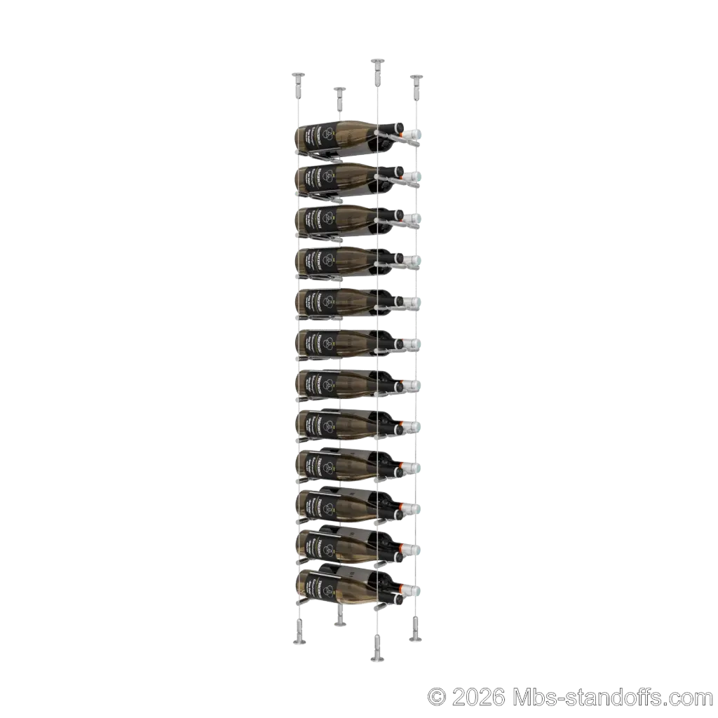 Merlot - Washington Collection Bottle Display Peg Kit With "O" Ring, 24-Bottle (2x12) Capacity, Floating Cable System, Pegs: 1/2″ × 7-1/2" with Satin Brushed Finish