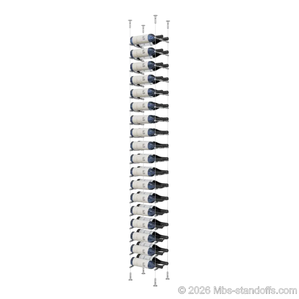 Merlot - Washington Collection Bottle Display Peg Kit With "O" Ring, 36-Bottle (2x18) Capacity, Floating Cable System, Pegs: 1/2″ × 7-1/2" with Satin Brushed Finish