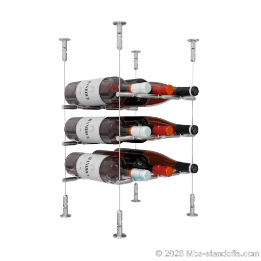 [CS15SS-PCWR3050S-K3] Merlot - Washington Collection Bottle Display Peg Kit With "O" Ring, 9-Bottle (3x3) Capacity, Floating Cable System, Pegs: 1/2″ × 11-1/2" with Satin Brushed Finish