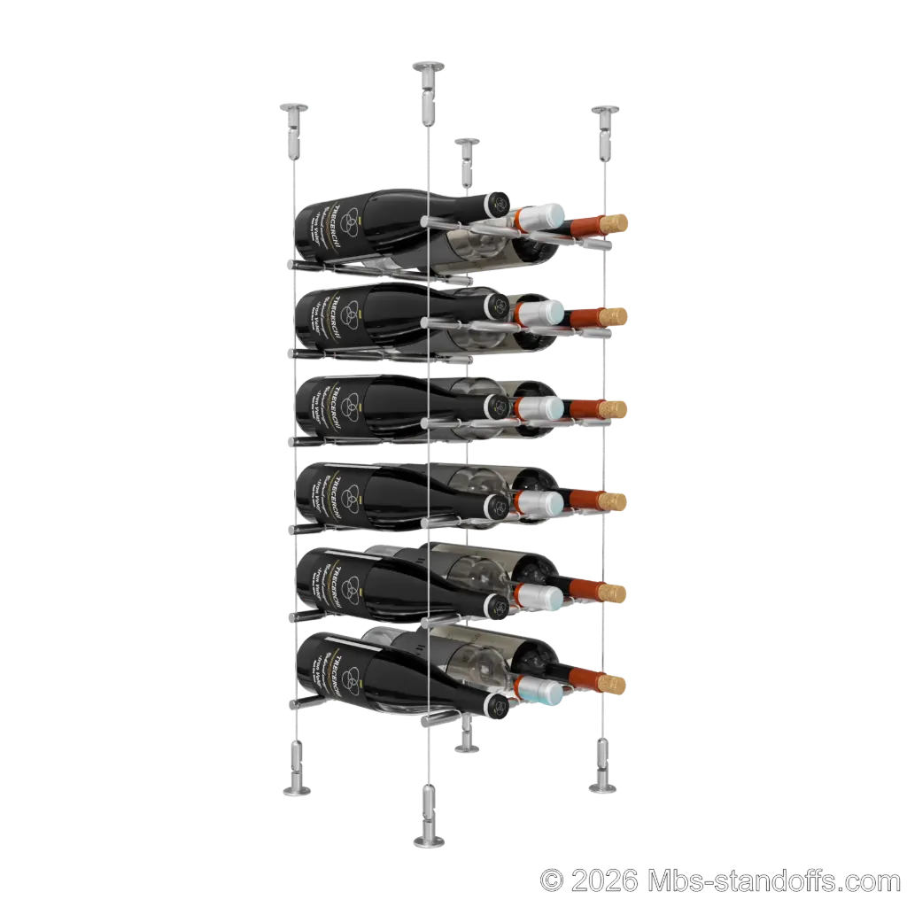 Merlot - Washington Collection Bottle Display Peg Kit With "O" Ring, 18-Bottle (3x6) Capacity, Floating Cable System, Pegs: 1/2″ × 11-1/2" with Satin Brushed Finish