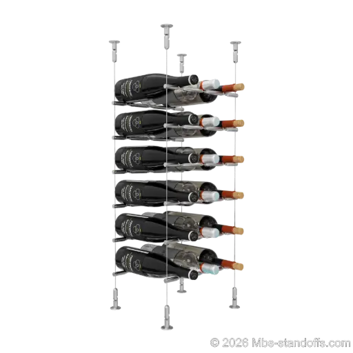 [CS15SS-PCWR3050S-K6] Merlot - Washington Collection Bottle Display Peg Kit With "O" Ring, 18-Bottle (3x6) Capacity, Floating Cable System, Pegs: 1/2″ × 11-1/2" with Satin Brushed Finish