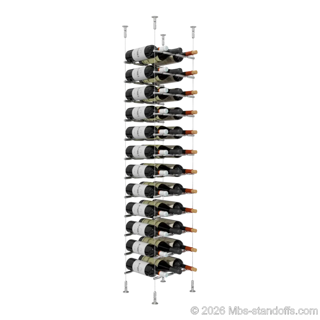 Merlot - Washington Collection Bottle Display Peg Kit With "O" Ring, 36-Bottle (3x12) Capacity, Floating Cable System, Pegs: 1/2″ × 11-1/2" with Satin Brushed Finish