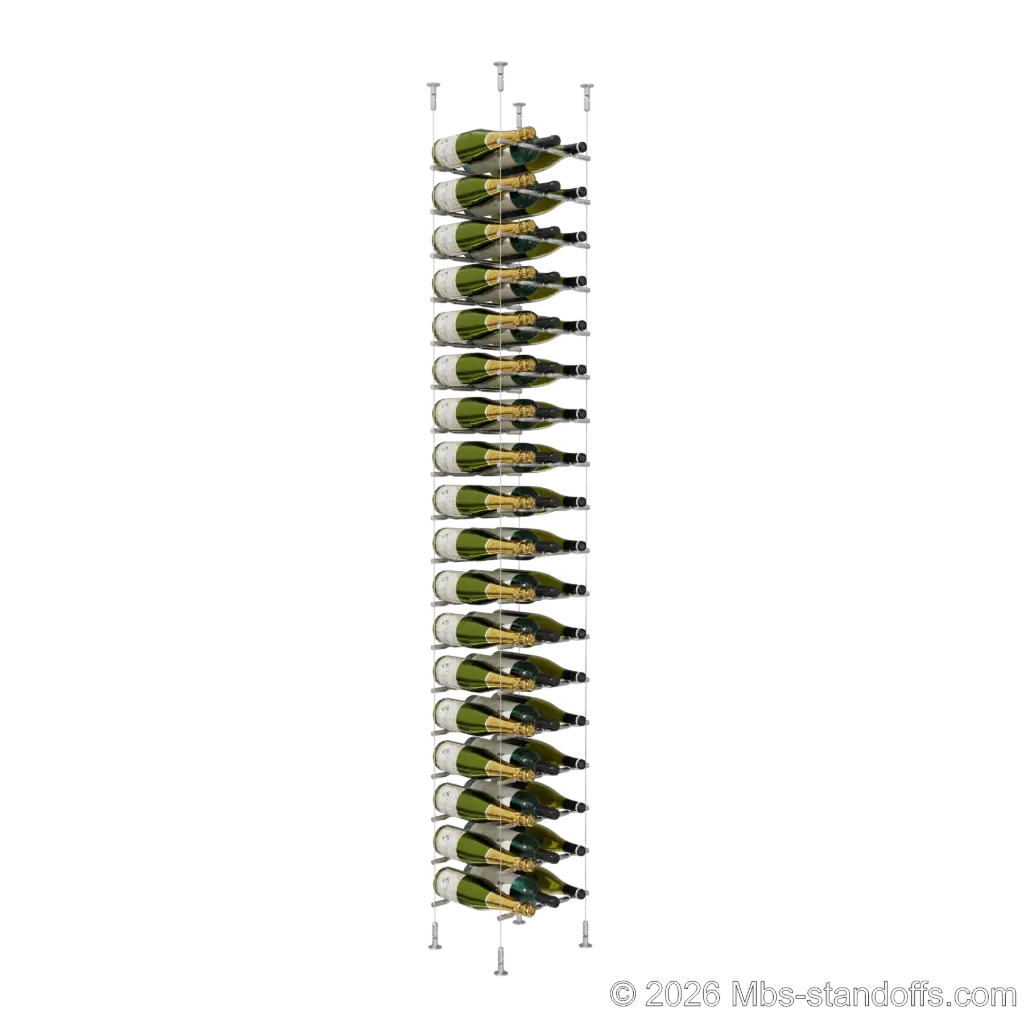 Merlot - Washington Collection Bottle Display Peg Kit With "O" Ring, 54-Bottle (3x18) Capacity, Floating Cable System, Pegs: 1/2″ × 11-1/2" with Satin Brushed Finish