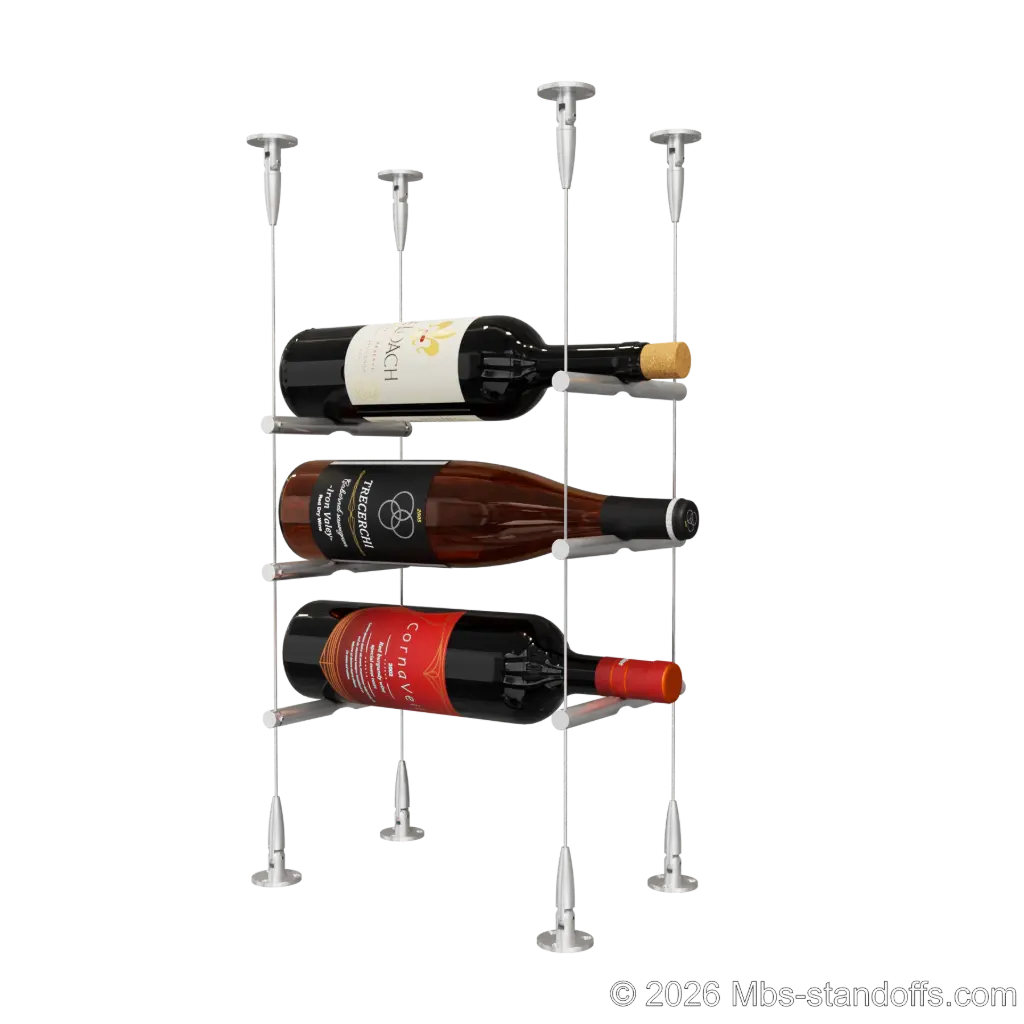 Merlot - Sonoma Collection Bottle Display Peg Kit, 3-Bottle Capacity, Floating Cable System, Pegs: 1/2″ × 6" with Clear Anodized Finish