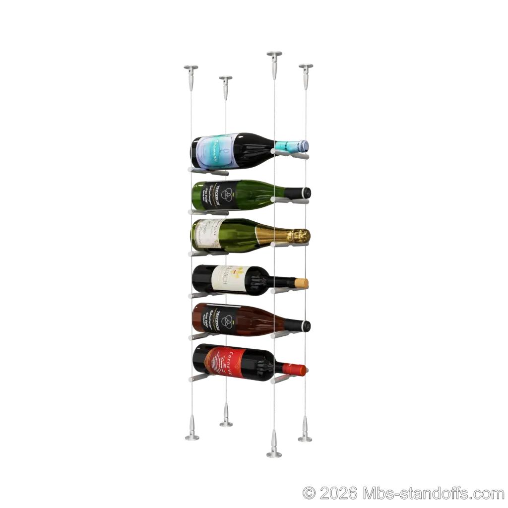 Merlot - Sonoma Collection Bottle Display Peg Kit, 6-Bottle Capacity, Floating Cable System, Pegs: 1/2″ × 6" with Clear Anodized Finish