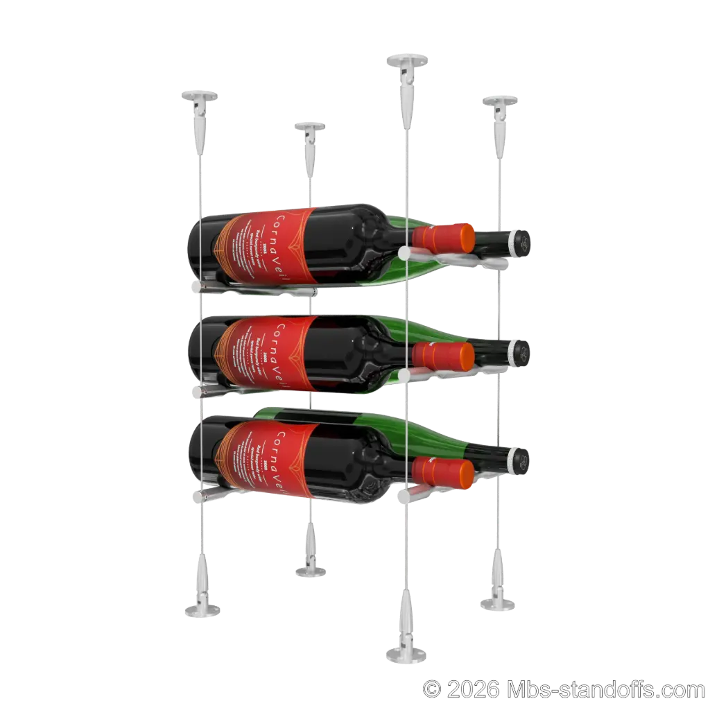 Merlot - Sonoma Collection Bottle Display Peg Kit, 6-Bottle (2x3) Capacity, Floating Cable System, Pegs: 1/2″ × 7-1/2" with Clear Anodized Finish