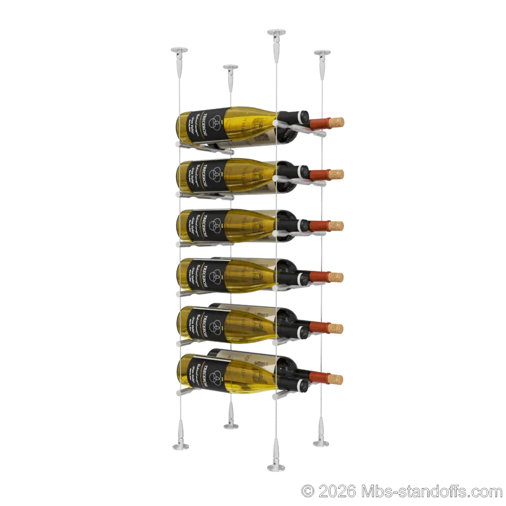Merlot - Sonoma Collection Bottle Display Peg Kit, 12-Bottle (2x6) Capacity, Floating Cable System, Pegs: 1/2″ × 7-1/2" with Clear Anodized Finish