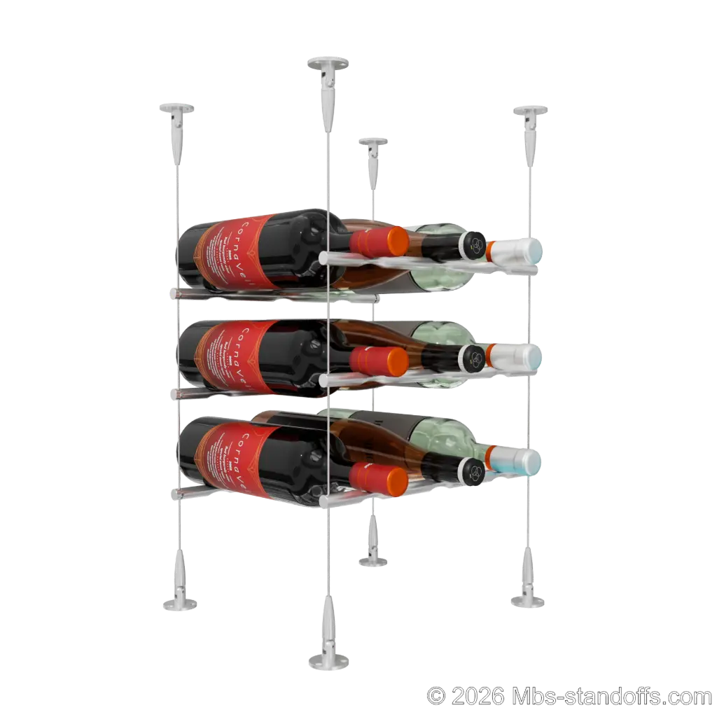 Merlot - Sonoma Collection Bottle Display Peg Kit, 9-Bottle (3x3) Capacity, Floating Cable System, Pegs: 1/2″ × 11-1/2" with Clear Anodized Finish