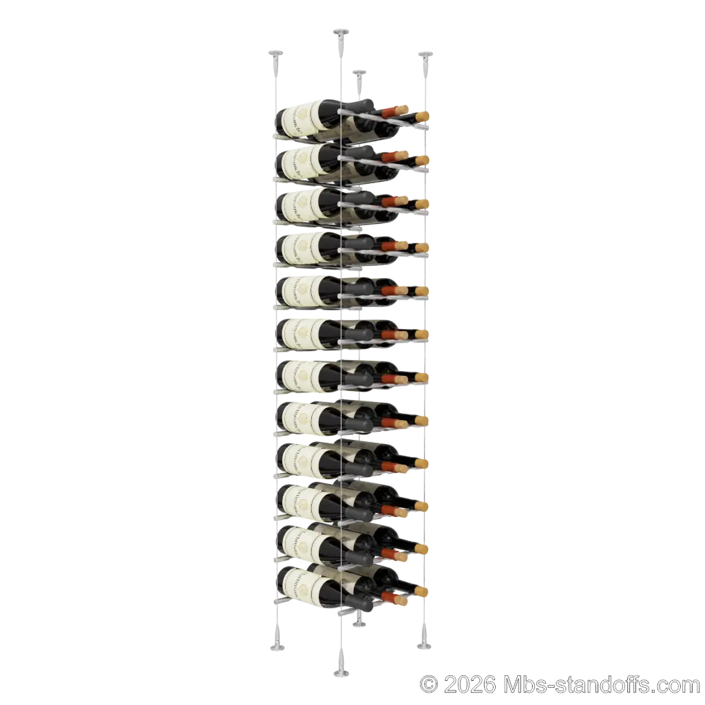 Merlot - Sonoma Collection Bottle Display Peg Kit, 36-Bottle (3x12) Capacity, Floating Cable System, Pegs: 1/2″ × 11-1/2" with Clear Anodized Finish
