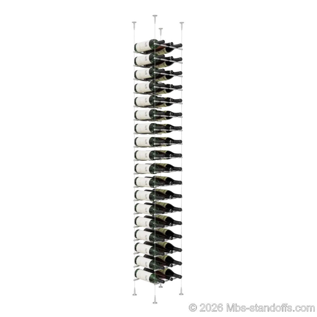 Merlot - Sonoma Collection Bottle Display Peg Kit, 54-Bottle (3x18) Capacity, Floating Cable System, Pegs: 1/2″ × 11-1/2" with Clear Anodized Finish