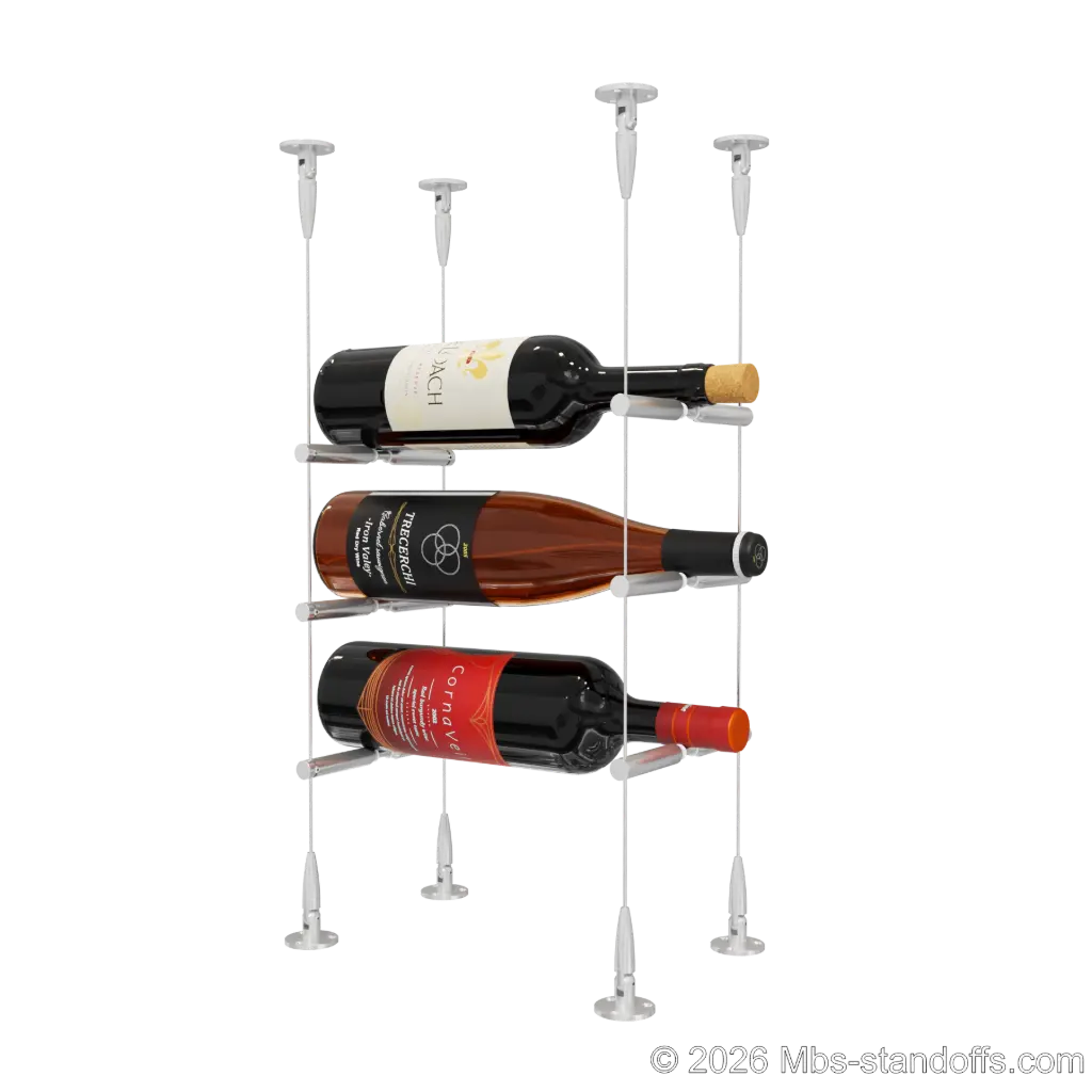 Merlot - Sonoma Collection Bottle Display Peg Kit With "O" Ring, 3-Bottle Capacity, Floating Cable System, Pegs: 1/2″ × 6" with Clear Anodized Finish