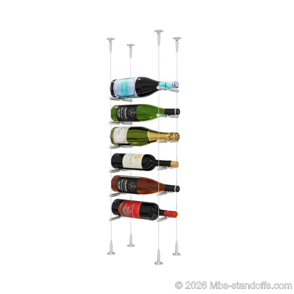 Merlot - Sonoma Collection Bottle Display Peg Kit With "O" Ring, 6-Bottle Capacity, Floating Cable System, Pegs: 1/2″ × 6" with Clear Anodized Finish
