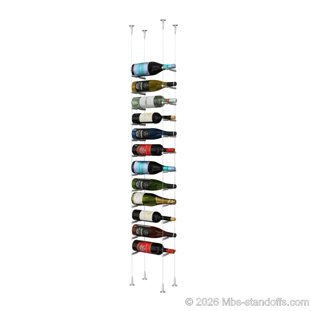 Merlot - Sonoma Collection Bottle Display Peg Kit With "O" Ring, 12-Bottle Capacity, Floating Cable System, Pegs: 1/2″ × 6" with Clear Anodized Finish