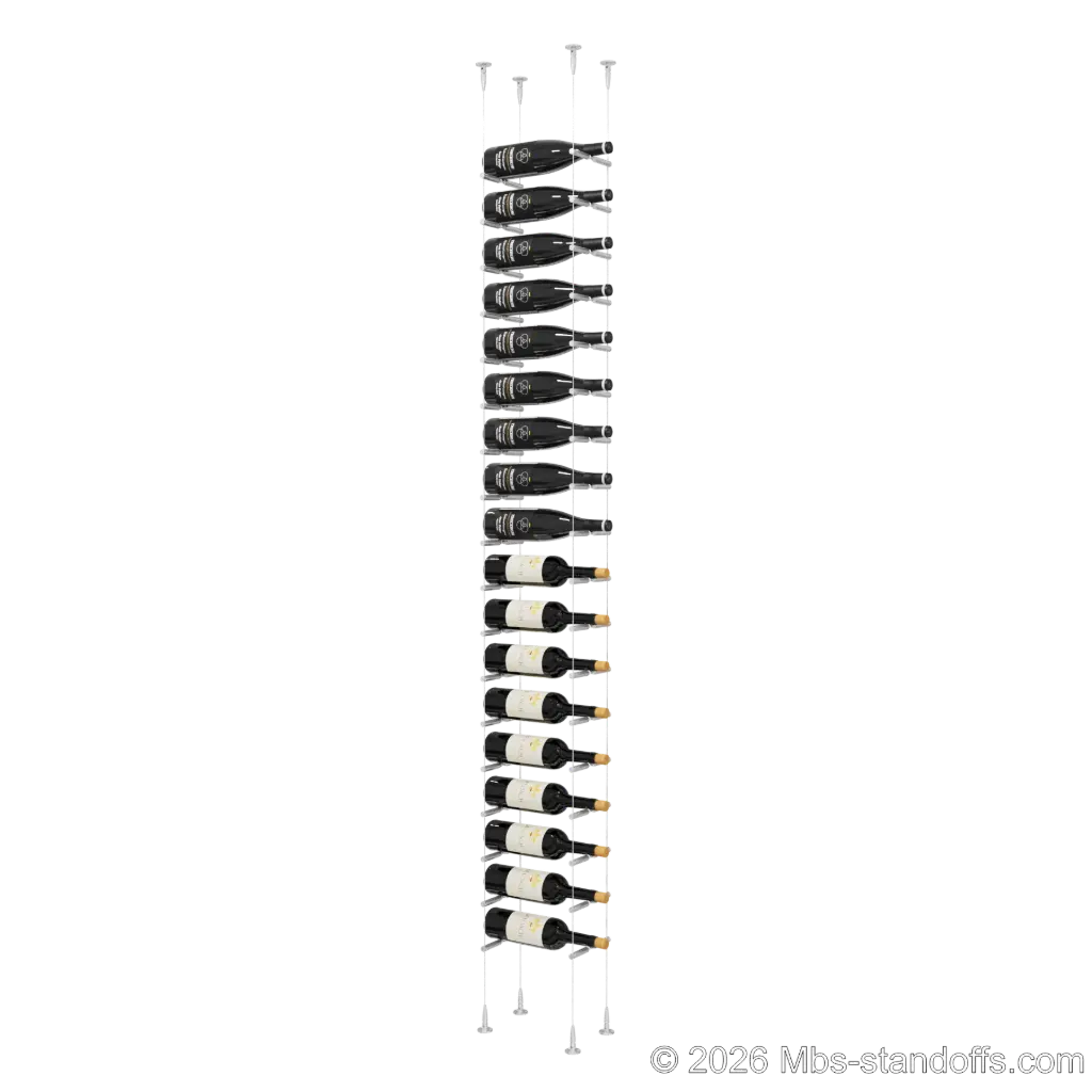 Merlot - Sonoma Collection Bottle Display Peg Kit With "O" Ring, 18-Bottle Capacity, Floating Cable System, Pegs: 1/2″ × 6" with Clear Anodized Finish