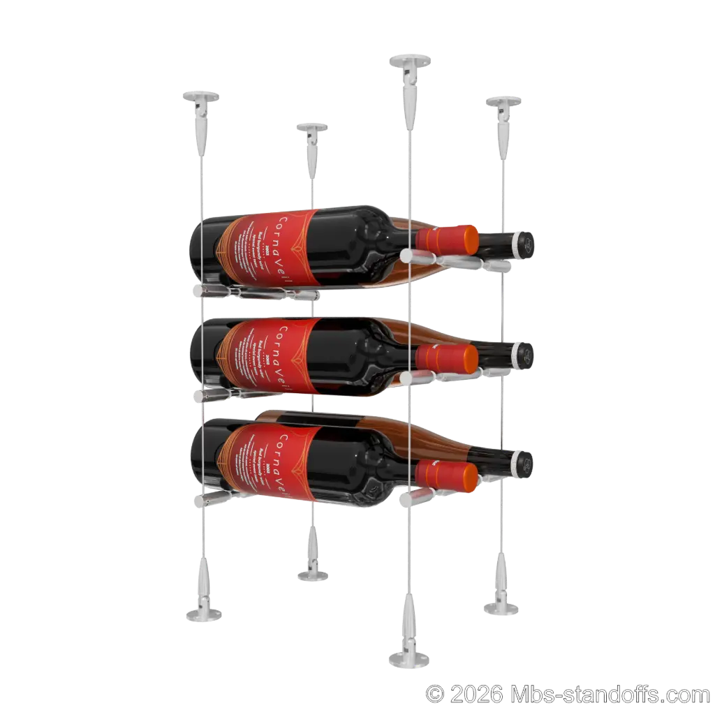 Merlot - Sonoma Collection Bottle Display Peg Kit With "O" Ring, 6-Bottle (2x3) Capacity, Floating Cable System, Pegs: 1/2″ × 7-1/2" with Clear Anodized Finish