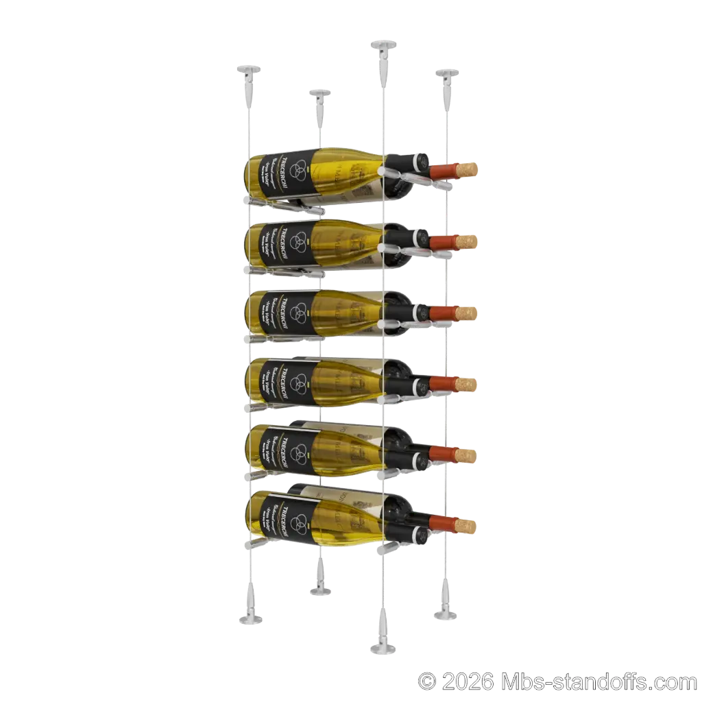 Merlot - Sonoma Collection Bottle Display Peg Kit With "O" Ring, 12-Bottle (2x6) Capacity, Floating Cable System, Pegs: 1/2″ × 7-1/2" with Clear Anodized Finish