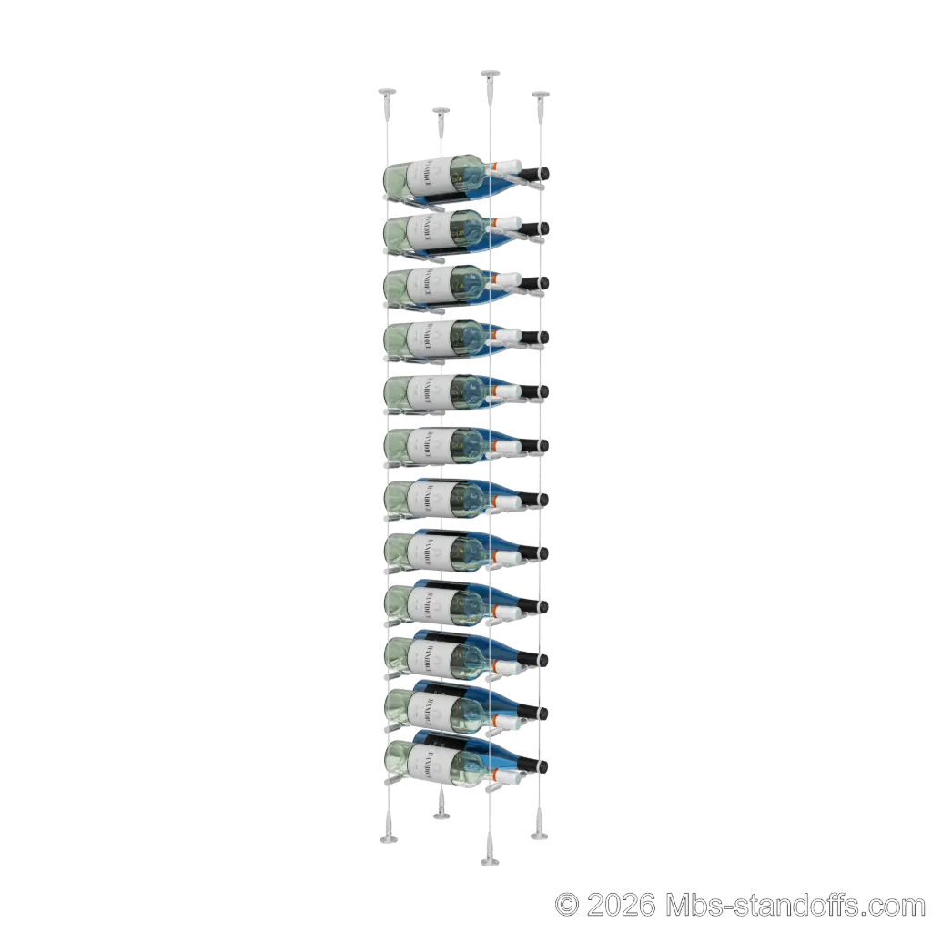 Merlot - Sonoma Collection Bottle Display Peg Kit With "O" Ring, 24-Bottle (2x12) Capacity, Floating Cable System, Pegs: 1/2″ × 7-1/2" with Clear Anodized Finish