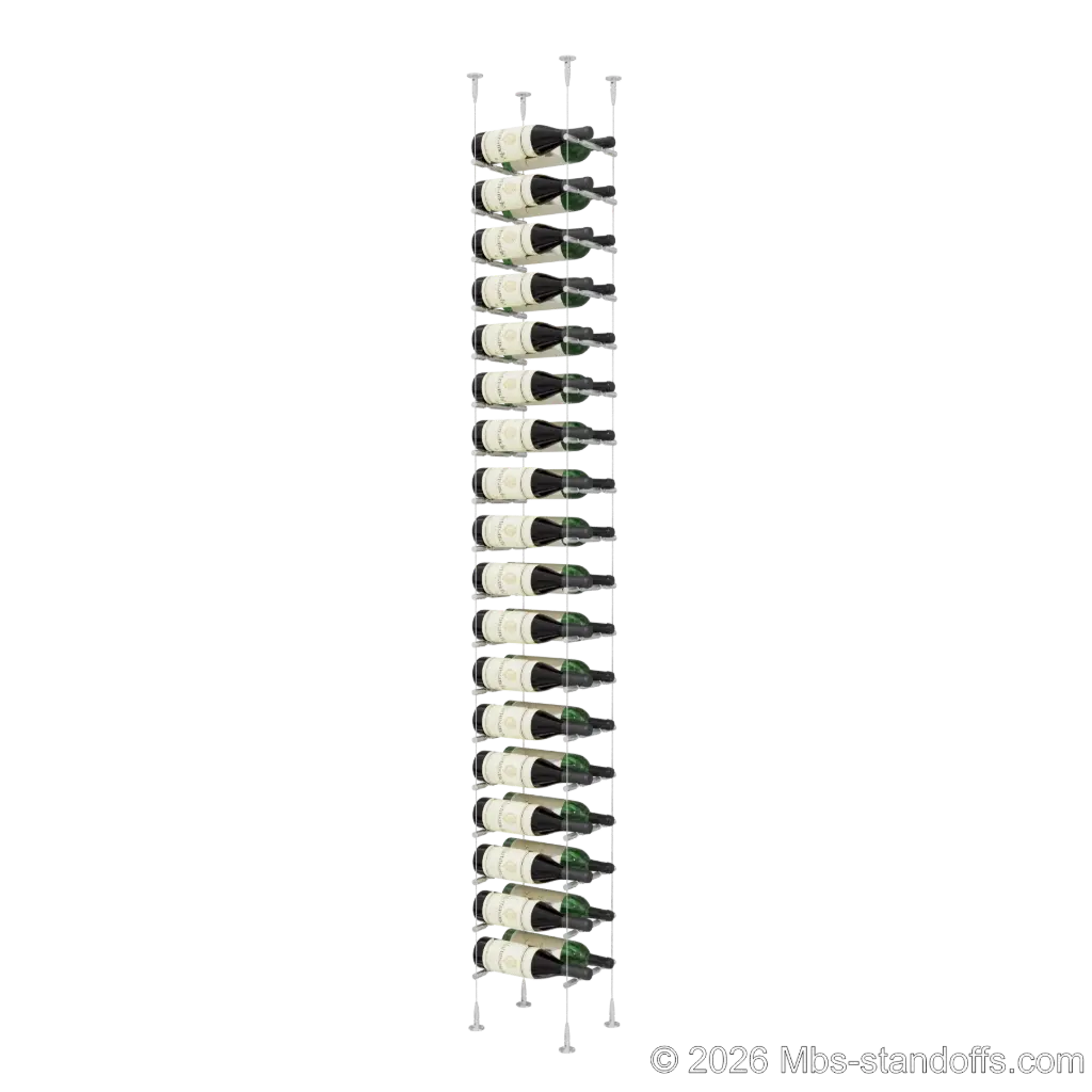 Merlot - Sonoma Collection Bottle Display Peg Kit With "O" Ring, 36-Bottle (2x18) Capacity, Floating Cable System, Pegs: 1/2″ × 7-1/2" with Clear Anodized Finish