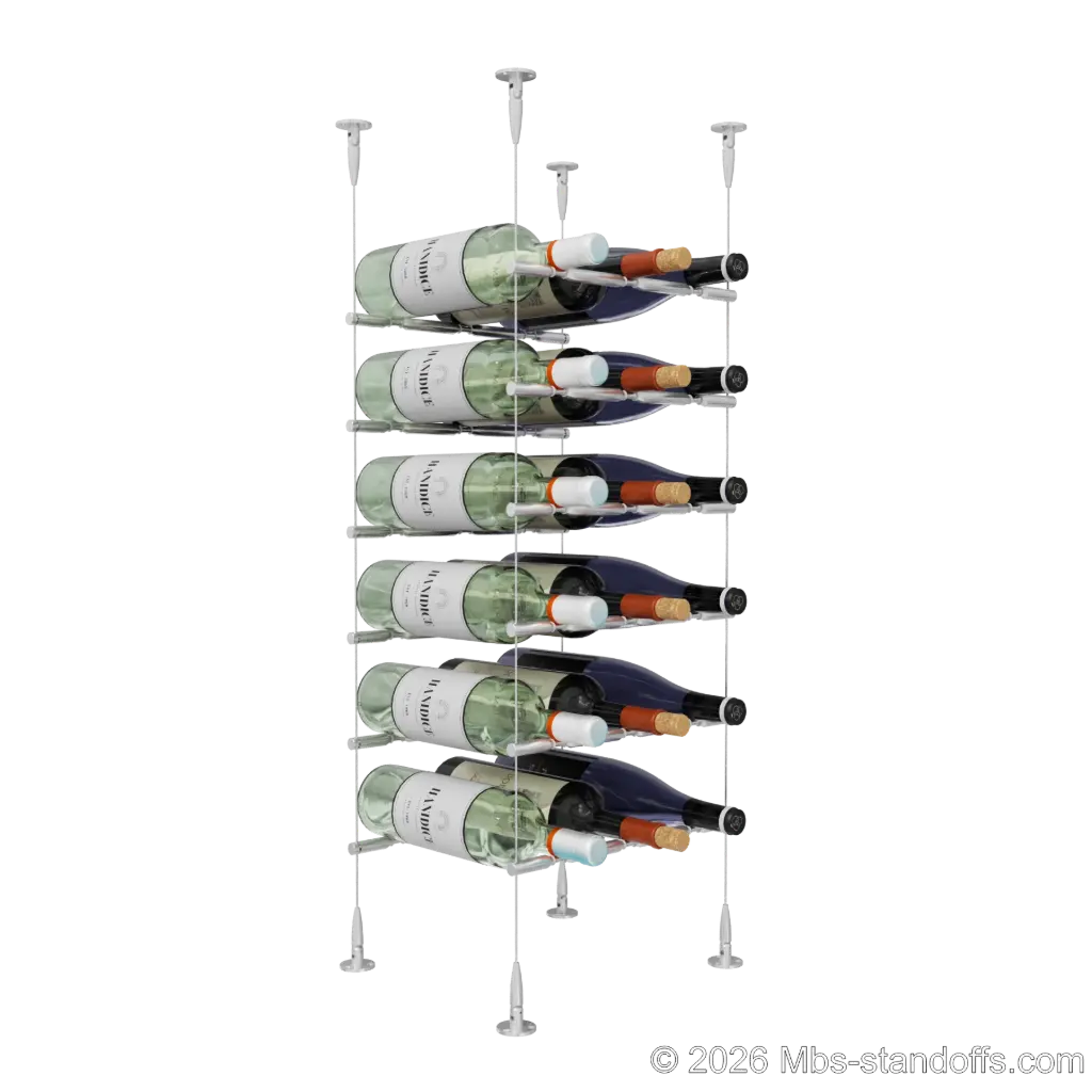 Merlot - Sonoma Collection Bottle Display Peg Kit With "O" Ring, 18-Bottle (3x6) Capacity, Floating Cable System, Pegs: 1/2″ × 11-1/2" with Clear Anodized Finish