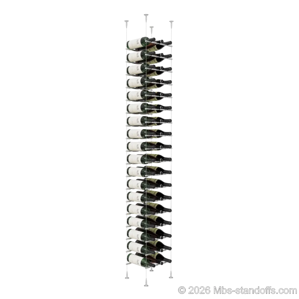 Merlot - Sonoma Collection Bottle Display Peg Kit With "O" Ring, 54-Bottle (3x18) Capacity, Floating Cable System, Pegs: 1/2″ × 11-1/2" with Clear Anodized Finish
