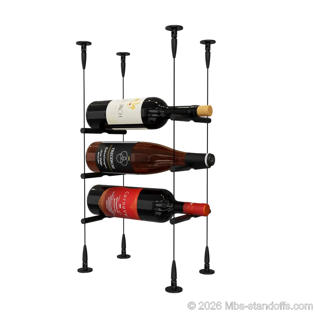 Merlot - Sonoma Collection Bottle Display Peg Kit, 3-Bottle Capacity, Floating Cable System, Pegs: 1/2″ × 6" with Matte Black Anodized Finish