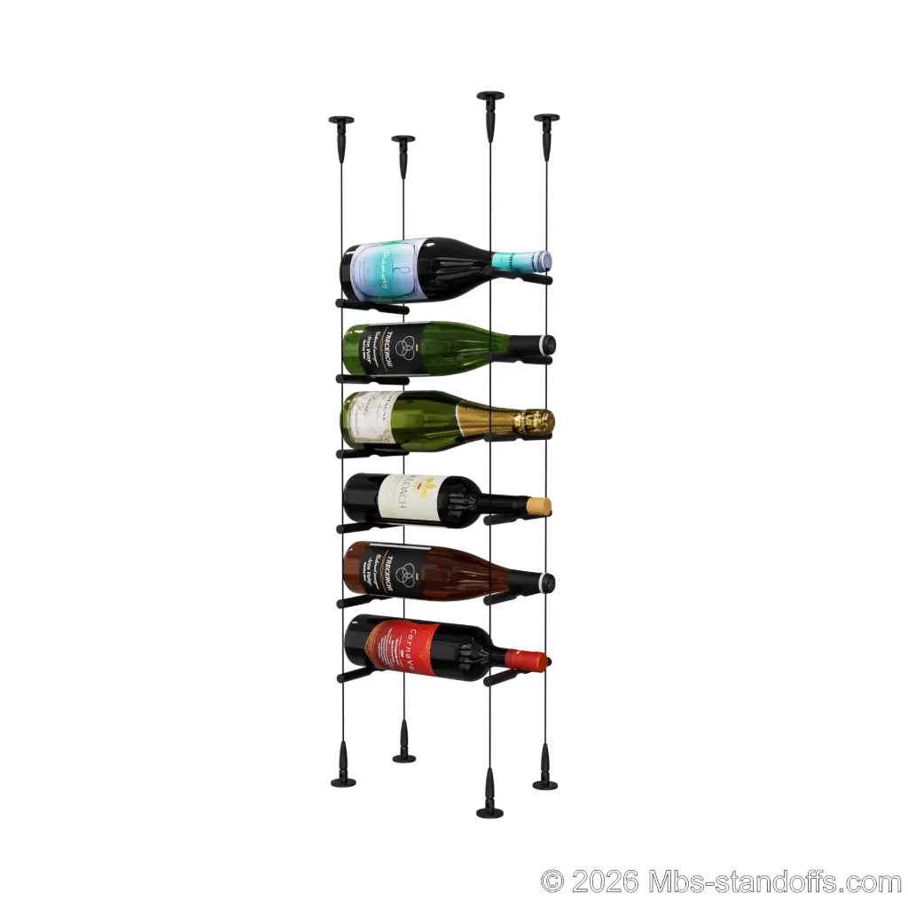 Merlot - Sonoma Collection Bottle Display Peg Kit, 6-Bottle Capacity, Floating Cable System, Pegs: 1/2″ × 6" with Matte Black Anodized Finish