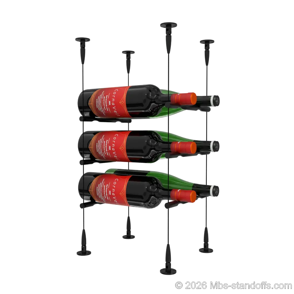 Merlot - Sonoma Collection Bottle Display Peg Kit, 6-Bottle (2x3) Capacity, Floating Cable System, Pegs: 1/2″ × 7-1/2" with Matte Black Anodized Finish