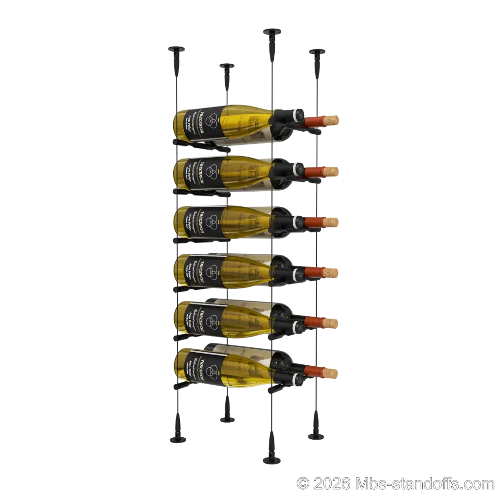 Merlot - Sonoma Collection Bottle Display Peg Kit, 12-Bottle (2x6) Capacity, Floating Cable System, Pegs: 1/2″ × 7-1/2" with Matte Black Anodized Finish