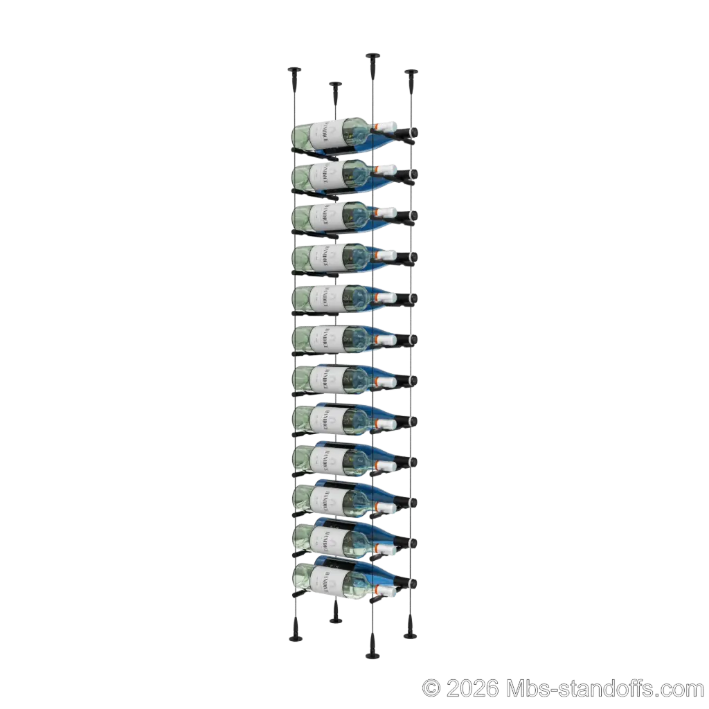 Merlot - Sonoma Collection Bottle Display Peg Kit, 24-Bottle (2x12) Capacity, Floating Cable System, Pegs: 1/2″ × 7-1/2" with Matte Black Anodized Finish