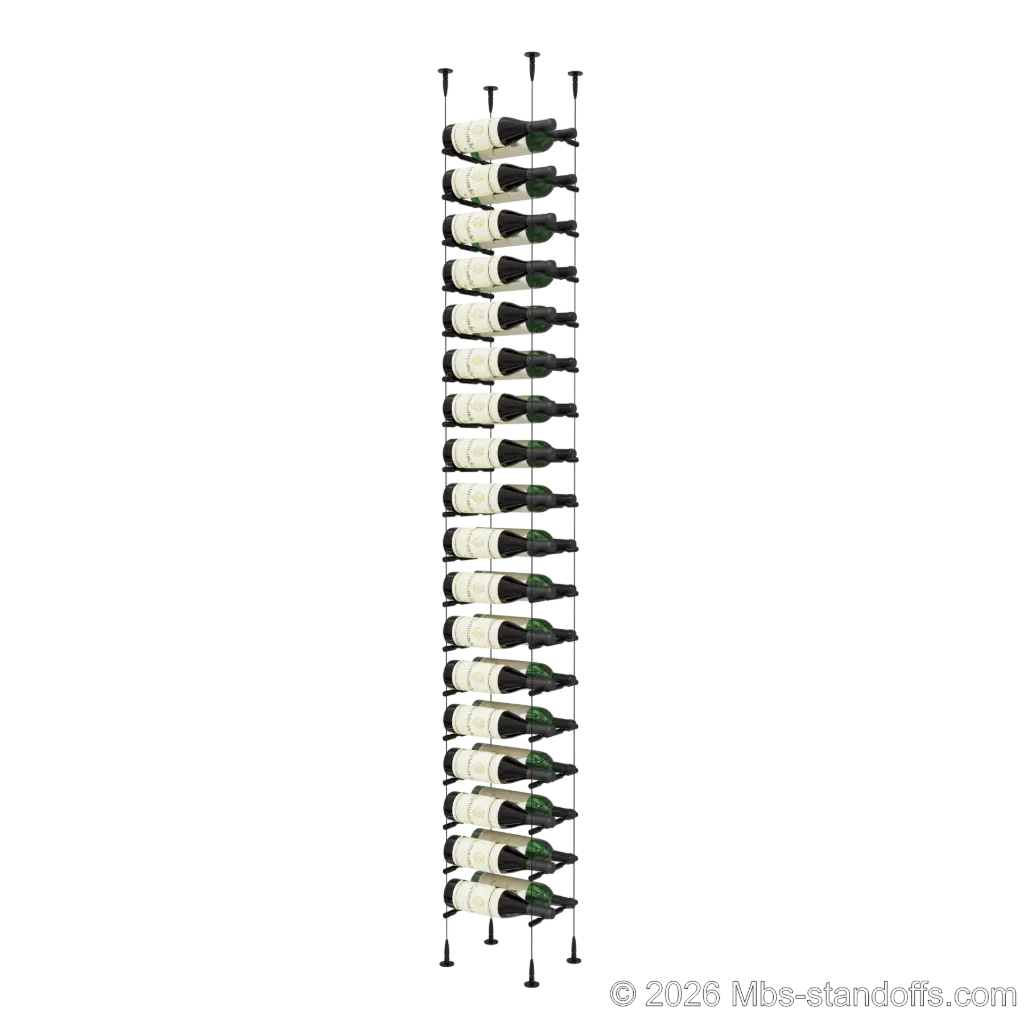 Merlot - Sonoma Collection Bottle Display Peg Kit, 36-Bottle (2x18) Capacity, Floating Cable System, Pegs: 1/2″ × 7-1/2" with Matte Black Anodized Finish
