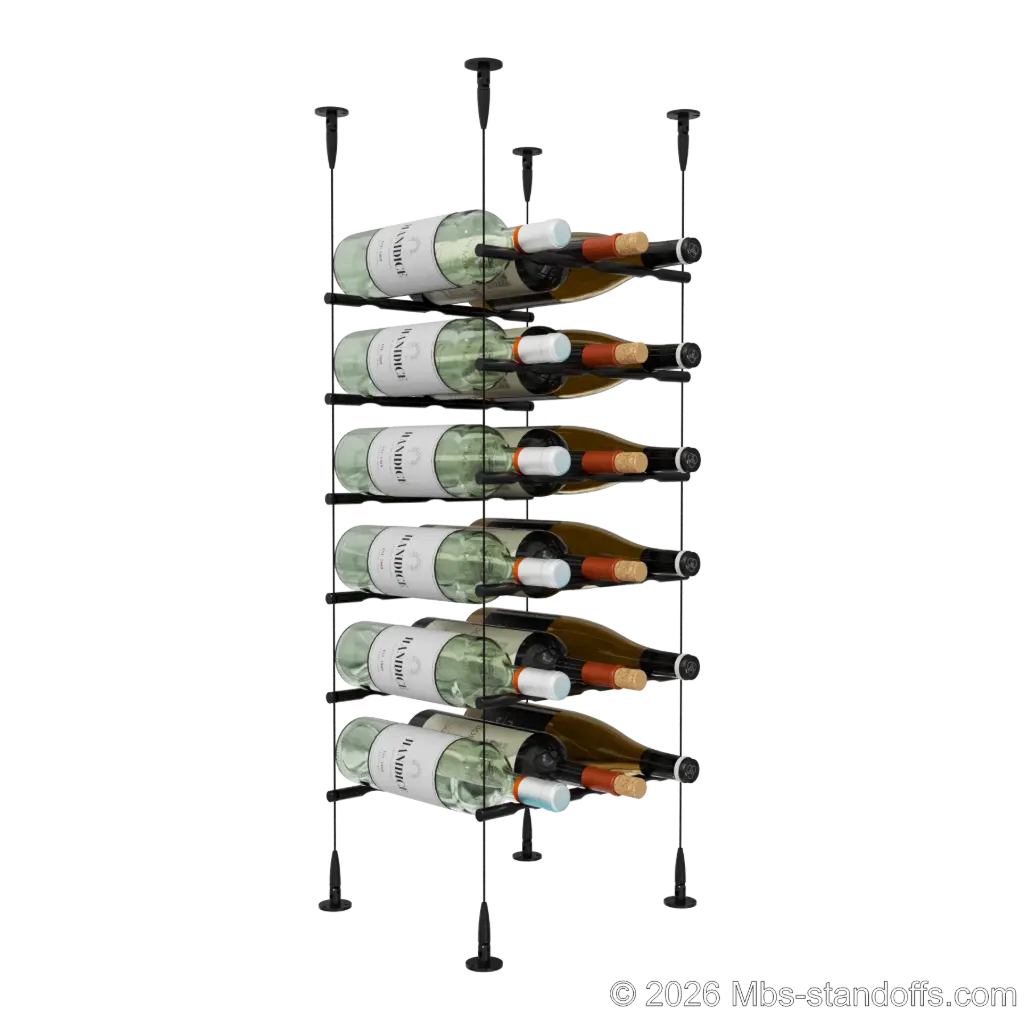 Merlot - Sonoma Collection Bottle Display Peg Kit, 18-Bottle (3x6) Capacity, Floating Cable System, Pegs: 1/2″ × 11-1/2" with Matte Black Anodized Finish
