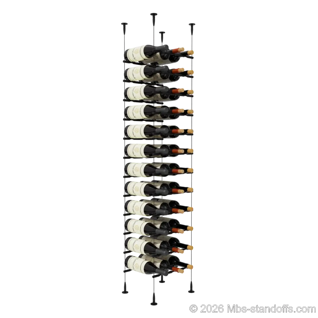 Merlot - Sonoma Collection Bottle Display Peg Kit, 36-Bottle (3x12) Capacity, Floating Cable System, Pegs: 1/2″ × 11-1/2" with Matte Black Anodized Finish