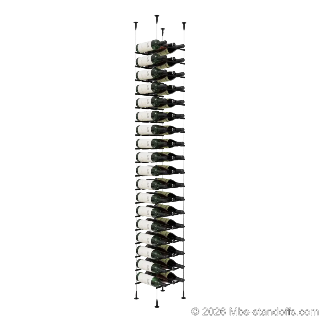 Merlot - Sonoma Collection Bottle Display Peg Kit, 54-Bottle (3x18) Capacity, Floating Cable System, Pegs: 1/2″ × 11-1/2" with Matte Black Anodized Finish