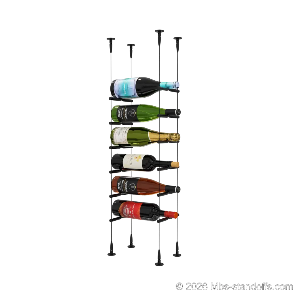 Merlot - Sonoma Collection Bottle Display Peg Kit With "O" Ring, 6-Bottle Capacity, Floating Cable System, Pegs: 1/2″ × 6" with Matte Black Anodized Finish