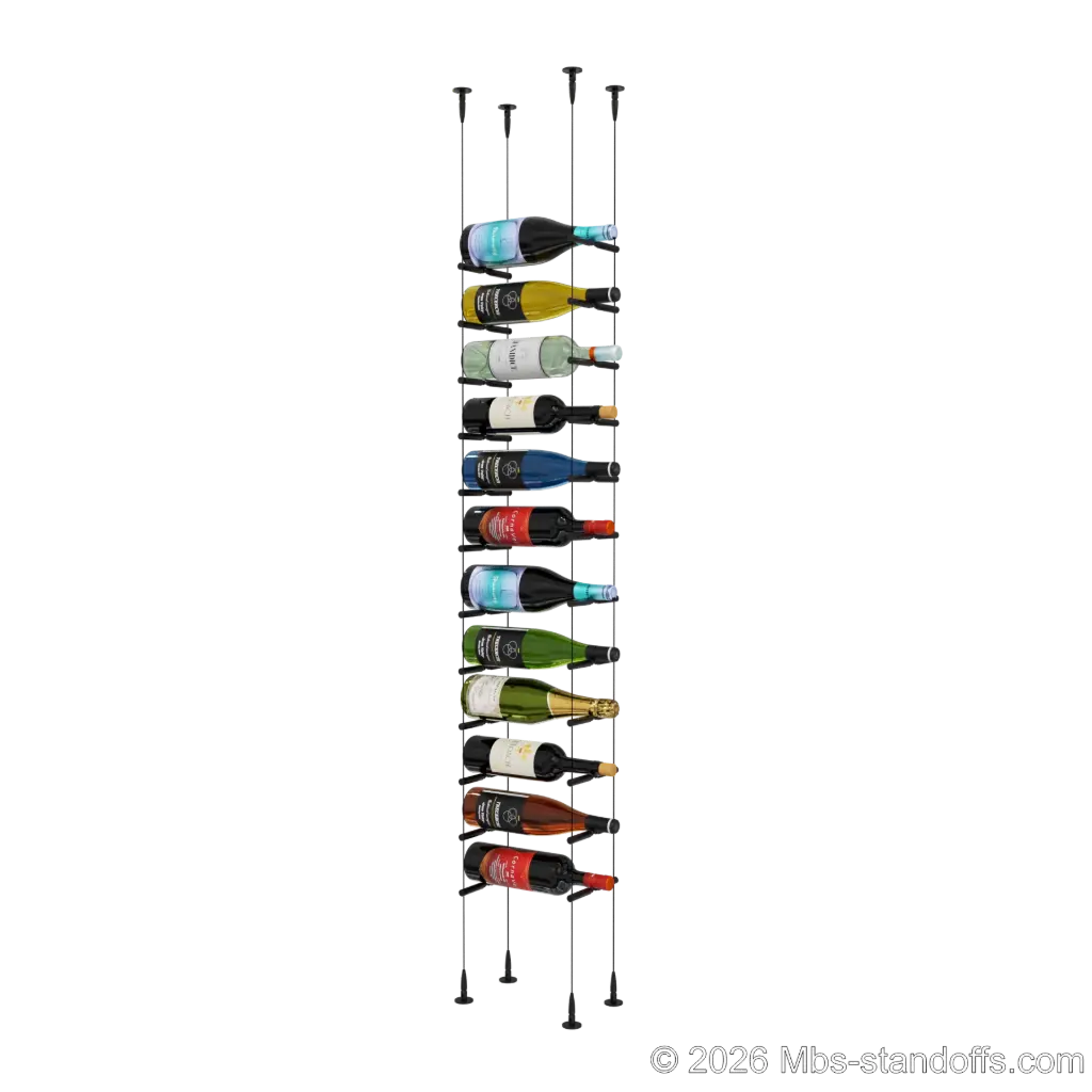 Merlot - Sonoma Collection Bottle Display Peg Kit With "O" Ring, 12-Bottle Capacity, Floating Cable System, Pegs: 1/2″ × 6" with Matte Black Anodized Finish