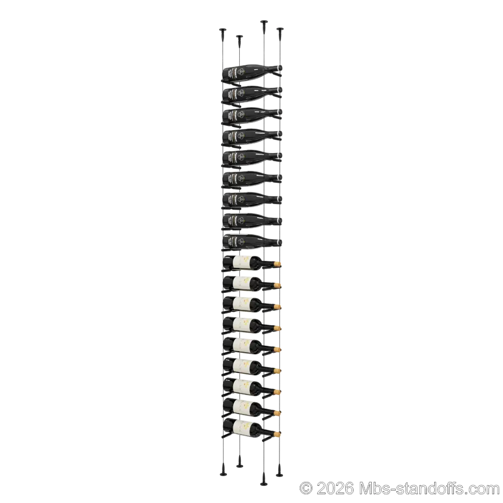 Merlot - Sonoma Collection Bottle Display Peg Kit With "O" Ring, 18-Bottle Capacity, Floating Cable System, Pegs: 1/2″ × 6" with Matte Black Anodized Finish