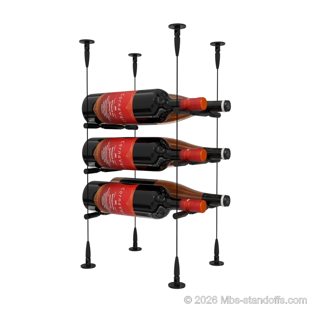 Merlot - Sonoma Collection Bottle Display Peg Kit With "O" Ring, 6-Bottle (2x3) Capacity, Floating Cable System, Pegs: 1/2″ × 7-1/2" with Matte Black Anodized Finish