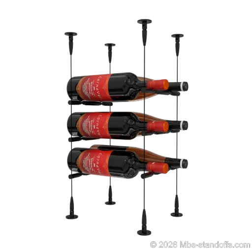 [SCS15MB-PCWR2050MB-K3] Merlot - Sonoma Collection Bottle Display Peg Kit With "O" Ring, 6-Bottle (2x3) Capacity, Floating Cable System, Pegs: 1/2″ × 7-1/2" with Matte Black Anodized Finish