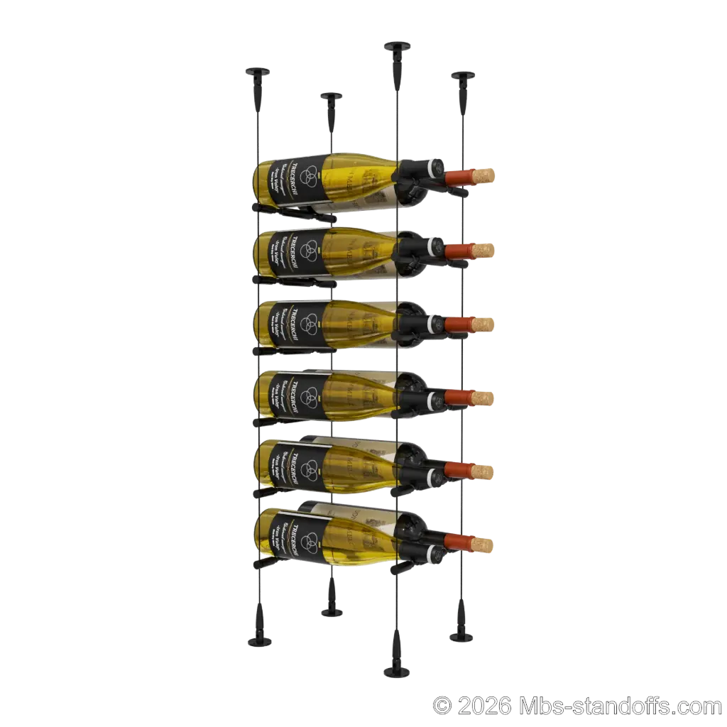 Merlot - Sonoma Collection Bottle Display Peg Kit With "O" Ring, 12-Bottle (2x6) Capacity, Floating Cable System, Pegs: 1/2″ × 7-1/2" with Matte Black Anodized Finish