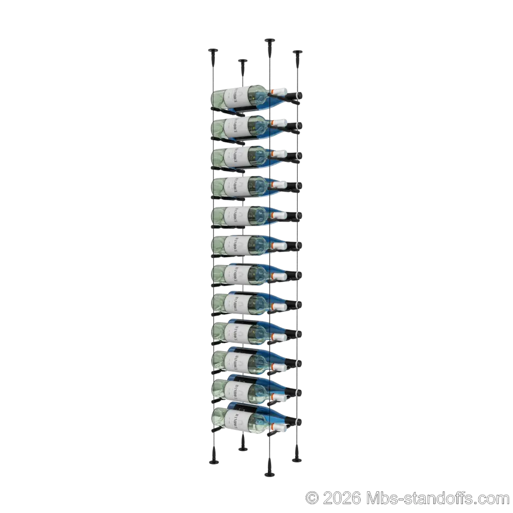 Merlot - Sonoma Collection Bottle Display Peg Kit With "O" Ring, 24-Bottle (2x12) Capacity, Floating Cable System, Pegs: 1/2″ × 7-1/2" with Matte Black Anodized Finish