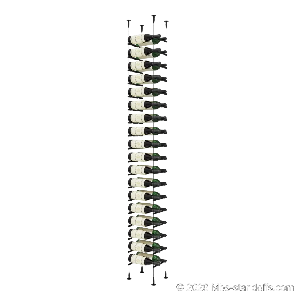 Merlot - Sonoma Collection Bottle Display Peg Kit With "O" Ring, 36-Bottle (2x18) Capacity, Floating Cable System, Pegs: 1/2″ × 7-1/2" with Matte Black Anodized Finish