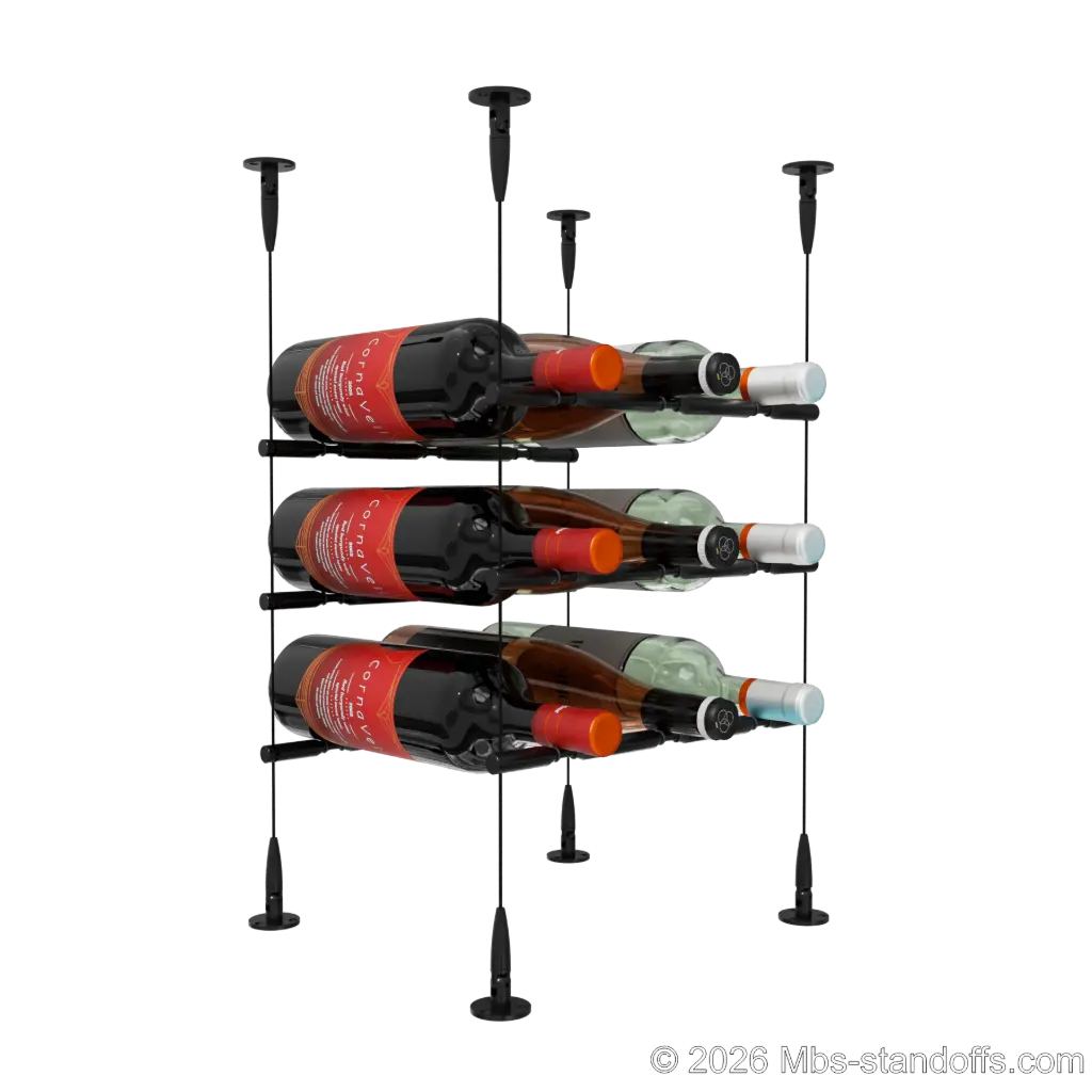 Merlot - Sonoma Collection Bottle Display Peg Kit With "O" Ring, 9-Bottle (3x3) Capacity, Floating Cable System, Pegs: 1/2″ × 11-1/2" with Matte Black Anodized Finish