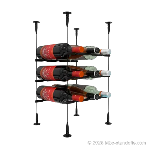 [SCS15MB-PCWR3050MB-K3] Merlot - Sonoma Collection Bottle Display Peg Kit With "O" Ring, 9-Bottle (3x3) Capacity, Floating Cable System, Pegs: 1/2″ × 11-1/2" with Matte Black Anodized Finish