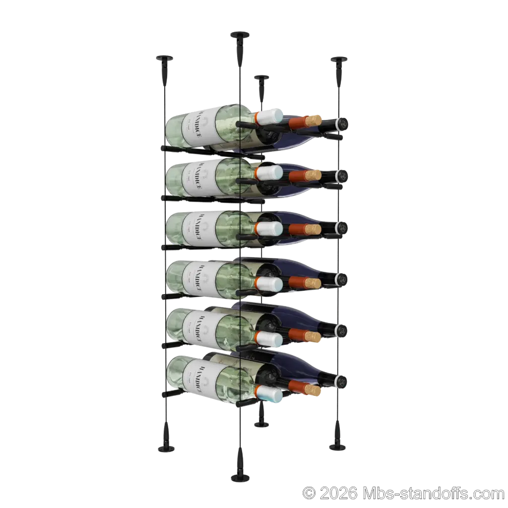 Merlot - Sonoma Collection Bottle Display Peg Kit With "O" Ring, 18-Bottle (3x6) Capacity, Floating Cable System, Pegs: 1/2″ × 11-1/2" with Matte Black Anodized Finish
