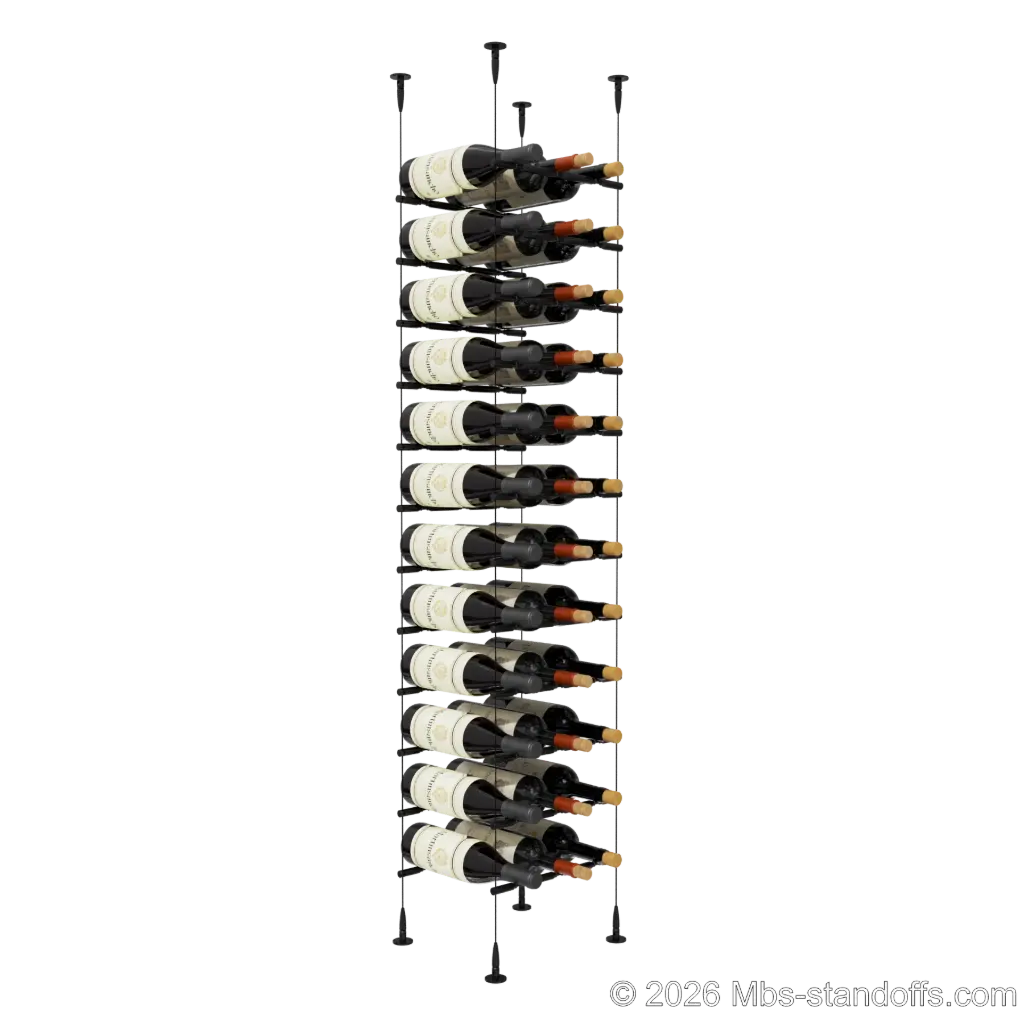 Merlot - Sonoma Collection Bottle Display Peg Kit With "O" Ring, 36-Bottle (3x12) Capacity, Floating Cable System, Pegs: 1/2″ × 11-1/2" with Matte Black Anodized Finish