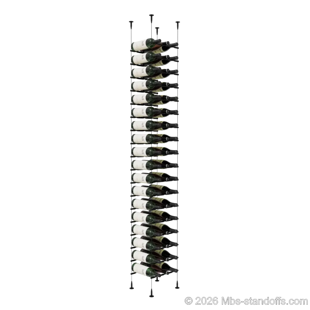 Merlot - Sonoma Collection Bottle Display Peg Kit With "O" Ring, 54-Bottle (3x18) Capacity, Floating Cable System, Pegs: 1/2″ × 11-1/2" with Matte Black Anodized Finish