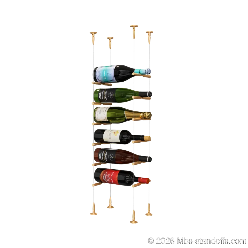 Merlot - Sonoma Collection Bottle Display Peg Kit, 6-Bottle Capacity, Floating Cable System, Pegs: 1/2″ × 6" with Champagne Anodized Finish