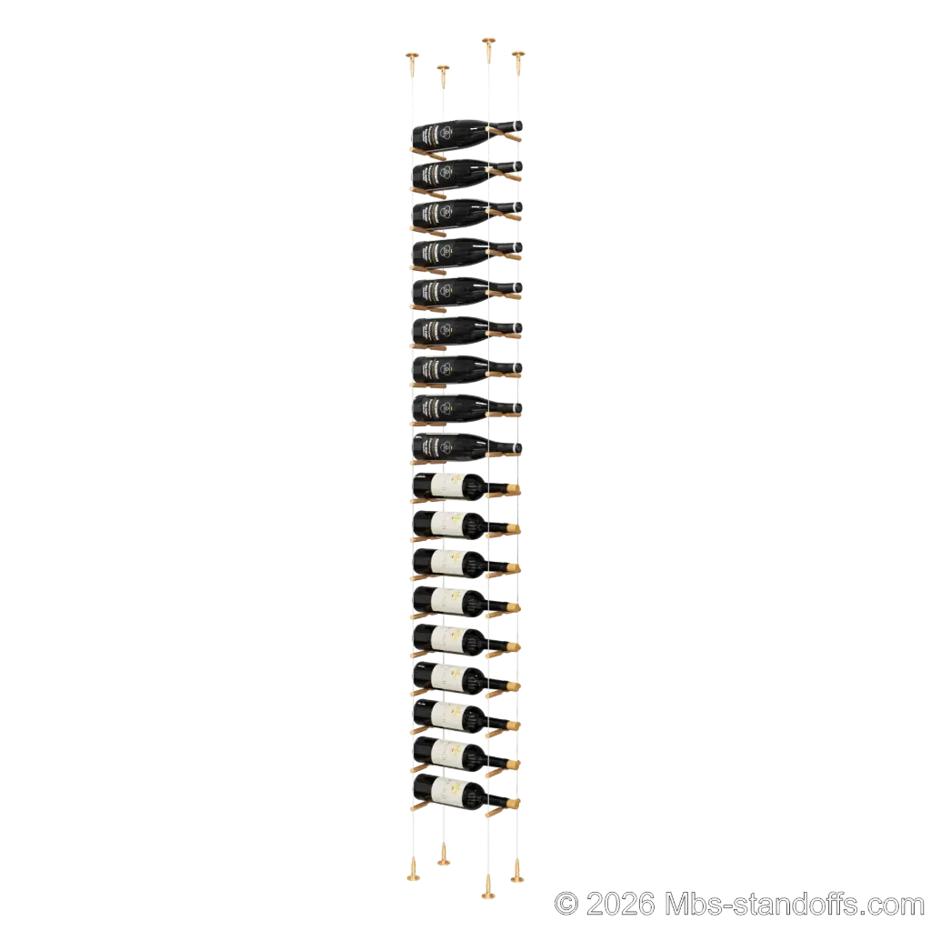 Merlot - Sonoma Collection Bottle Display Peg Kit, 18-Bottle Capacity, Floating Cable System, Pegs: 1/2″ × 6" with Champagne Anodized Finish